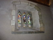 Stained glass windows in Zennor Church.